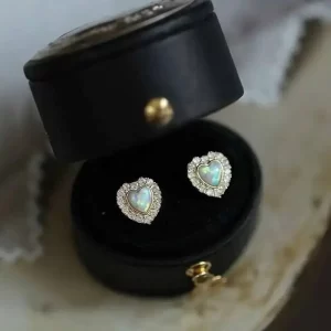 9k Real Gold Golden Heart Shaped Opal Light Luxury French Retro Love Earrings, Fashion Jewelry, Kj288