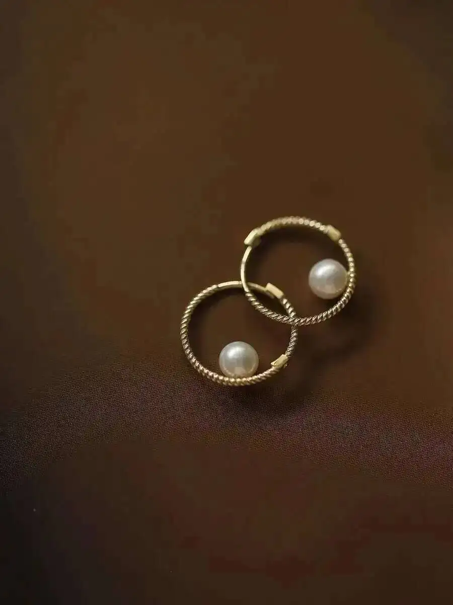 Pure 9K Gold Earring for Women, Twisted Freshwater Pearl Earring, Buckle Small Design, Elegant Girl, New, kj483