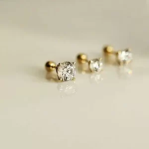 GOLDtutu 14K Gold Inlaid with Shiny Zircon, Mini Four Six Claw, Screw Stud for Women, New, kj216, 2022
