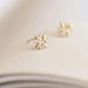 9k Solid Earring for Women, Snowflake Shape, Fine Jewelry, Gold Stud, Fashion, New, 2022, kj524