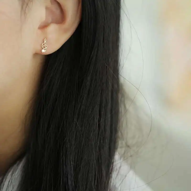 Solid 14K Gold Earrings, Dainty, Violin Notes, Stud Jewelry, Minimal Style, Bridal, kj157 - Image 3