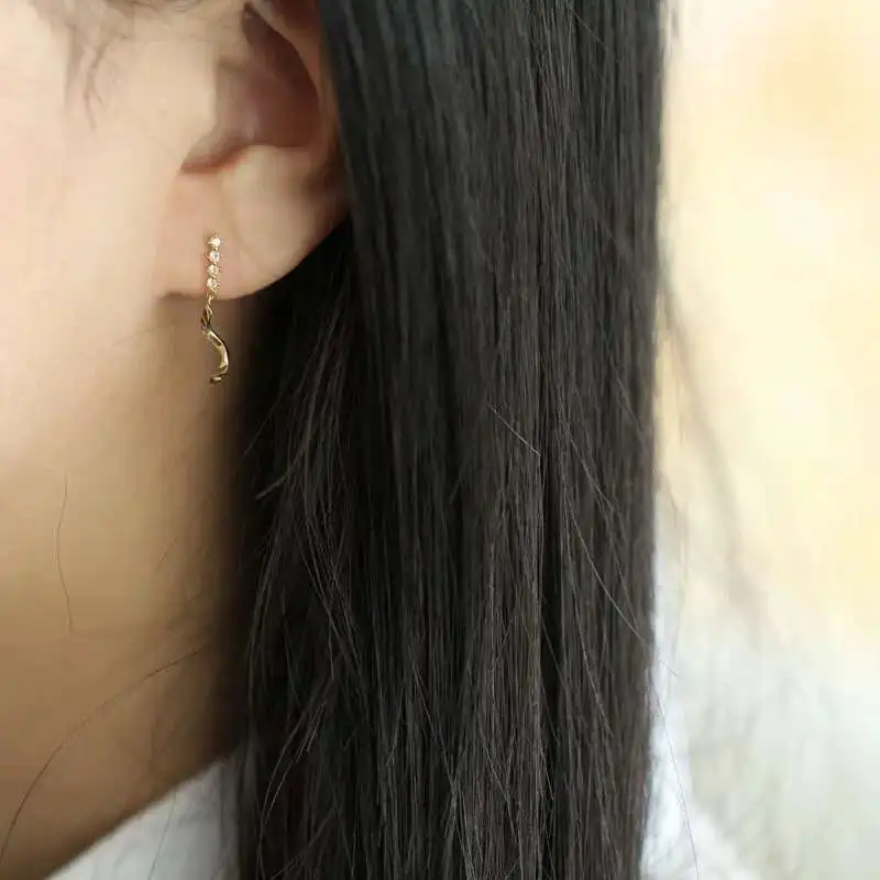 9K Solid Gold Minimalist Dangle Drop Earrings, Hypoallergenic Twirl Studs, Bridal & Gift, kj88 - Image 2
