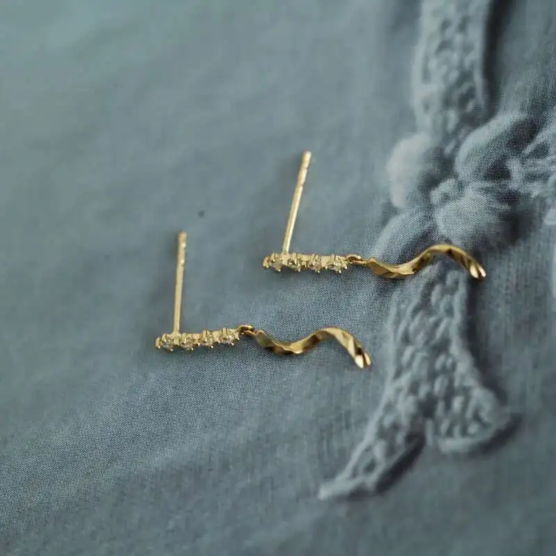 9K Solid Gold Minimalist Dangle Drop Earrings, Hypoallergenic Twirl Studs, Bridal & Gift, kj88 - Image 4