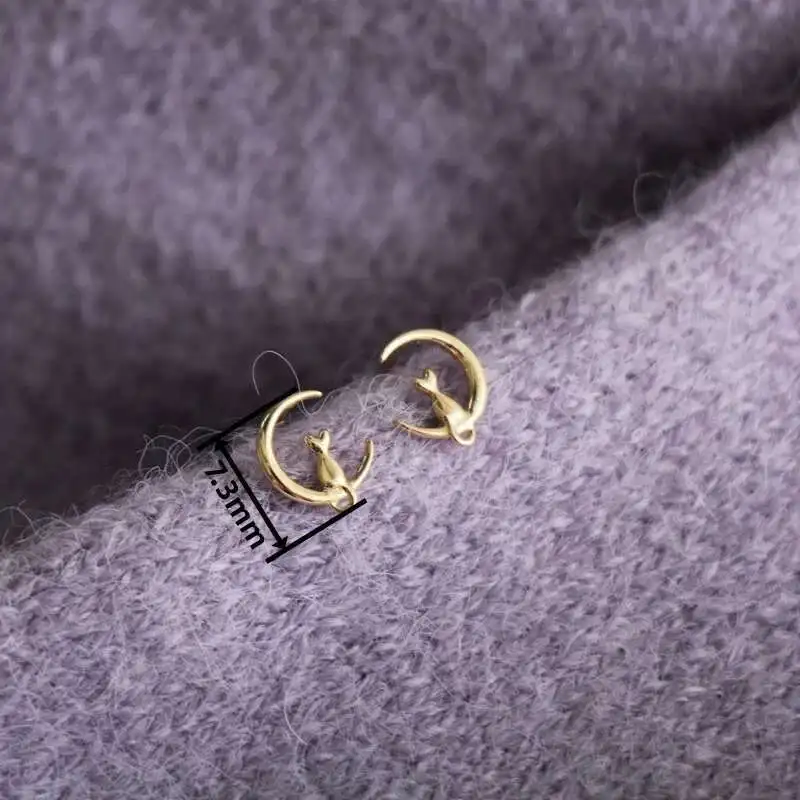 9k Real Solid Gold Unique Cat on the Moon Earring Stud Jewelry, Dainty Minimal Cz Crystal Simple Style, kj102 - Image 2