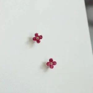 9k Solid Gold Crystal Stud Earrings, Unique Flower, Pink, Cute, Korean Style, Women, Kids, Girls, New Arrival, kj252