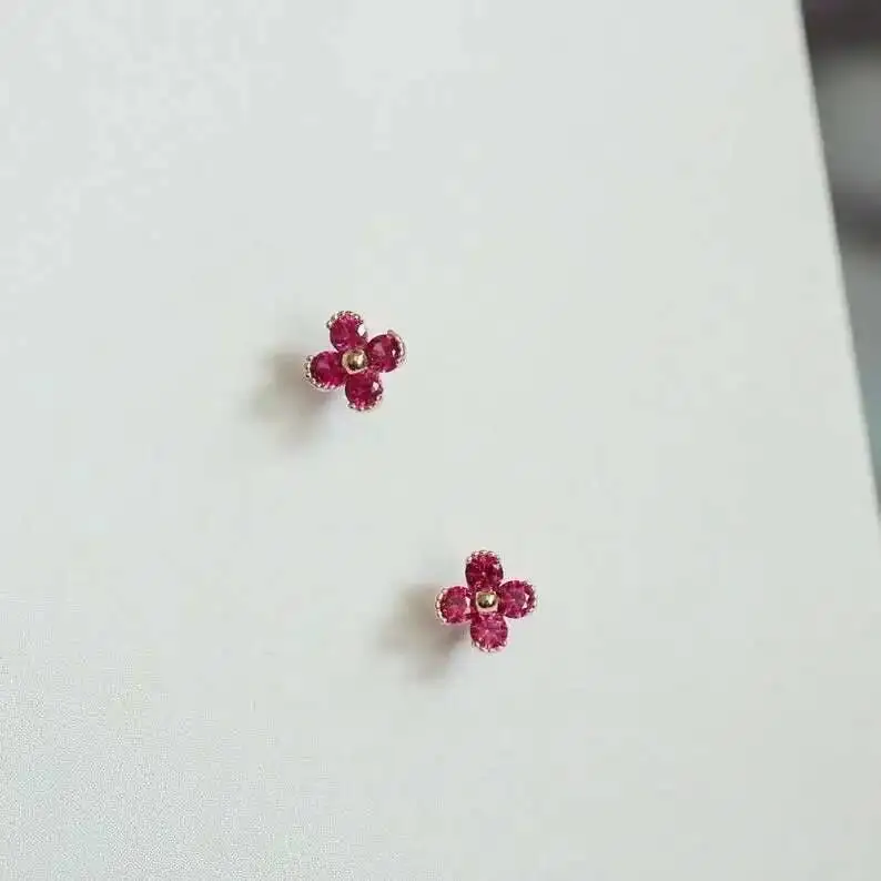 9k Solid Gold Crystal Stud Earrings, Unique Flower, Pink, Cute, Korean Style, Women, Kids, Girls, New Arrival, kj252