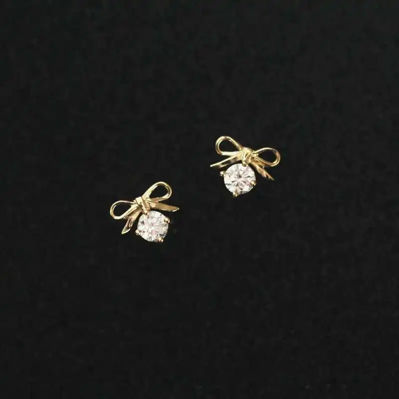 Solid Gold Stud, Dainty Bow Dangle Drop Crystal Earring, Simple Jewelry, Minimal Women Gift, 9K Real, kj94 - Image 5