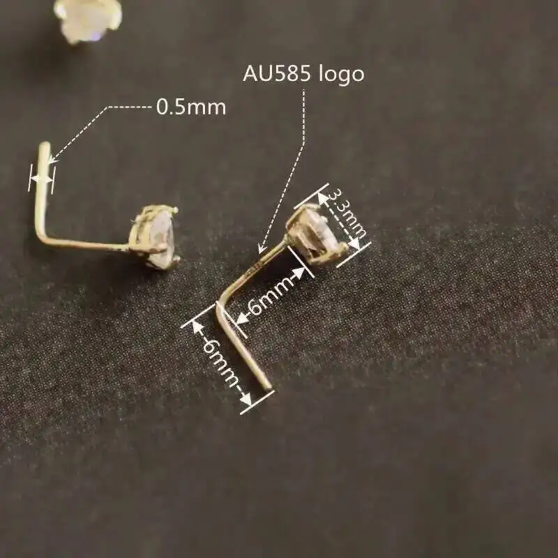 14K Yellow Gold L Shape Stud, Nose, Heart, Star, Round Zircon, Piercing Jewelry for Women, Men, kj465 - Image 2