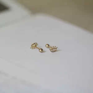 GOLDtutu 9K Solid Gold Mini Eye Shape Threaded Stud Earrings for Women, Hypoallergenic Clear CZ Jewelry, Light Luxury Gift