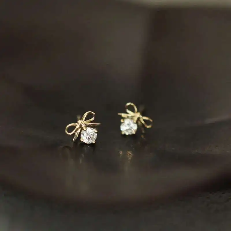 Solid Gold Stud, Dainty Bow Dangle Drop Crystal Earring, Simple Jewelry, Minimal Women Gift, 9K Real, kj94 - Image 3