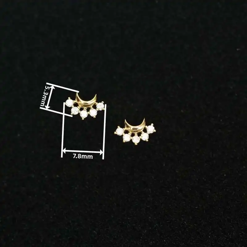 9k Real Solid Gold Unique Stud, Dainty Mini Moon Crystal Earring, Simple Minimal Jewelry, Victorian Vintage, kj91 - Image 2