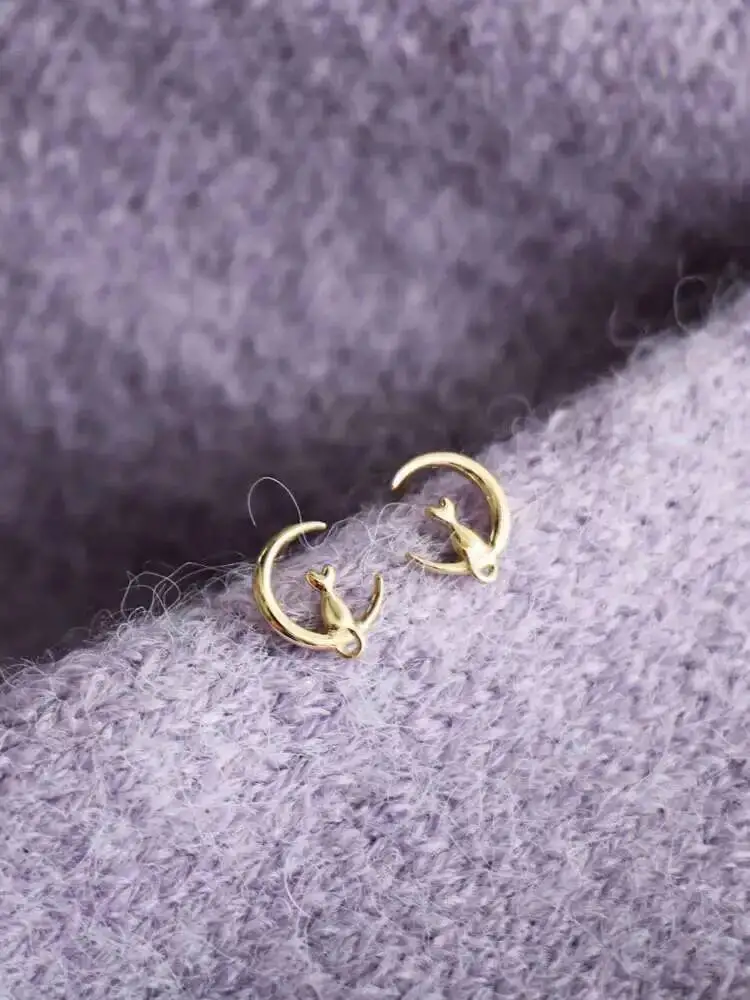 9k Real Solid Gold Unique Cat on the Moon Earring Stud Jewelry, Dainty Minimal Cz Crystal Simple Style, kj102 - Image 5