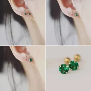 GOLDtutu 14K Gold Stud Earring for Women, Green Emerald, Noble, Wedding Party, Fine, Solid, New Arrival, 2021, kj225