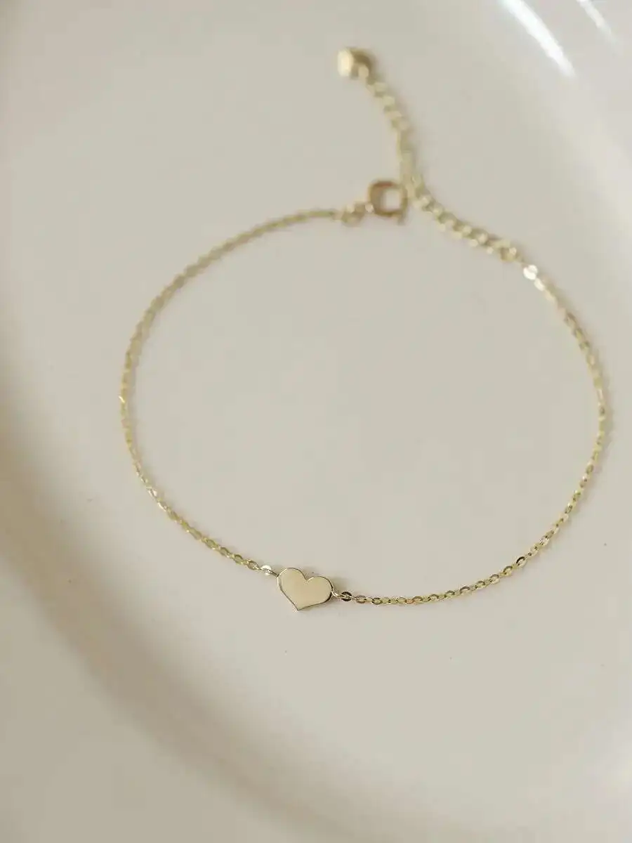 14K Solid Gold Heart Charm Bracelet, Dainty Minimalist Jewelry, kj184 - Image 5