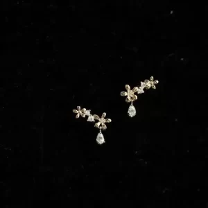 Gold Flower Inlaid Zircon Mini Earrings, Water Drop, Pure 9K Gold, Fashion Accessories, Valentine's Day, kj239