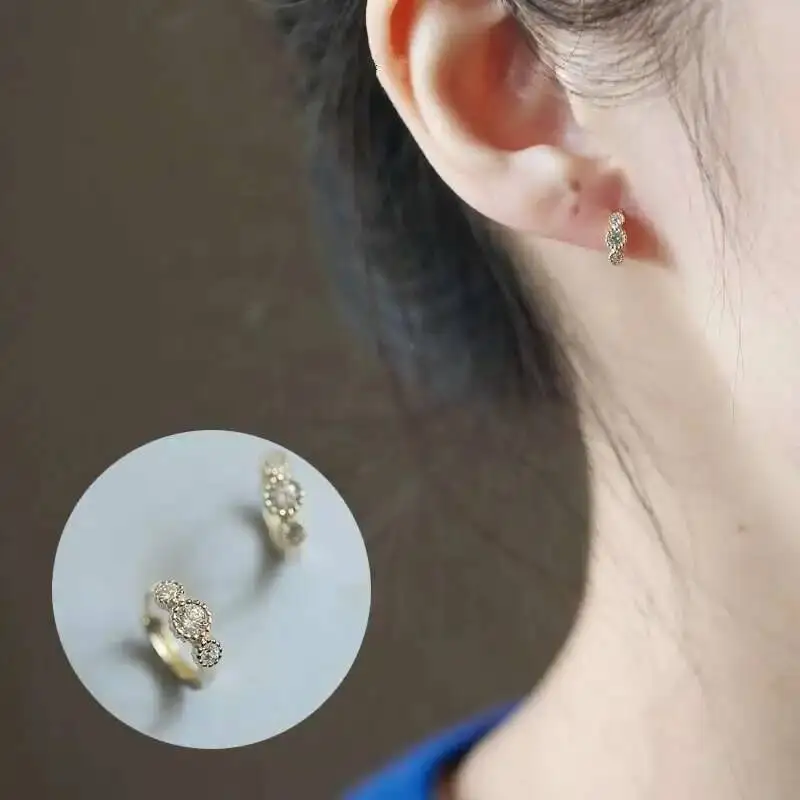 Three Diamond Earrings, Pure 9K Gold, Small Zircon, Lovely Temperament, Mini Japanese and Korean, kj229