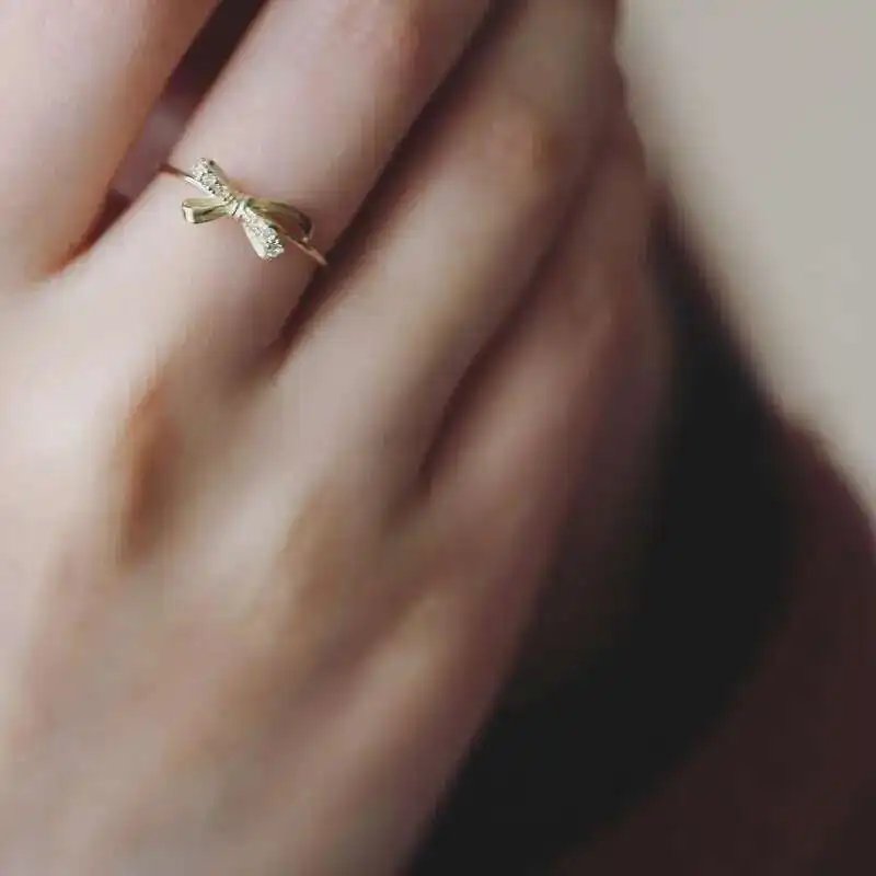 Pure 9K Stereo Bow with Zircon Girl's Bow, Japanese and Korean, Gold Engagement Ring, kj513 - Image 3