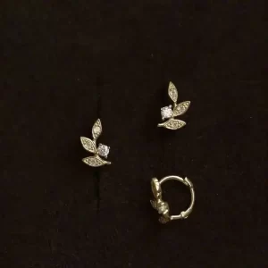Custom Leaf Pure 9K Gold, Small Zircon Drill, Student Branch Earring, Female, kj224