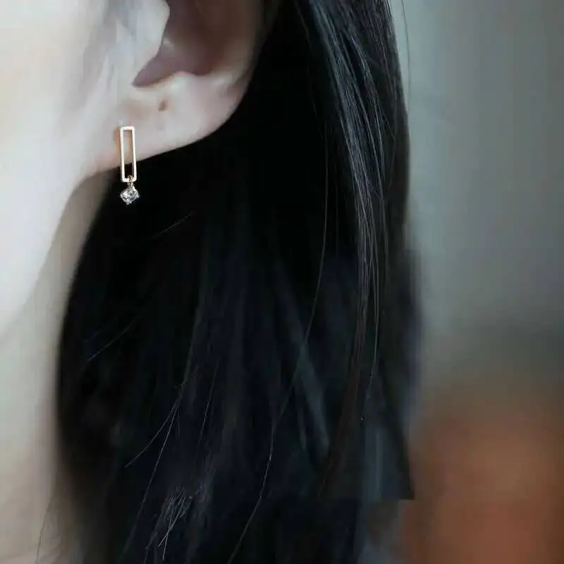 Rectangle Plate Bar Dangle Drop Crystal Stud Earring, 9K Solid Gold, Unique Minimal, Simple Dainty Style, kj217 - Image 3
