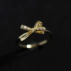 Pure 9K Stereo Bow with Zircon Girl's Bow, Japanese and Korean, Gold Engagement Ring, kj513