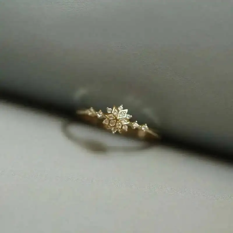 Snowflake Shape Crystal Minimalist, Simple Stacking Ring, 9K, Solid Gold, kj505 - Image 3