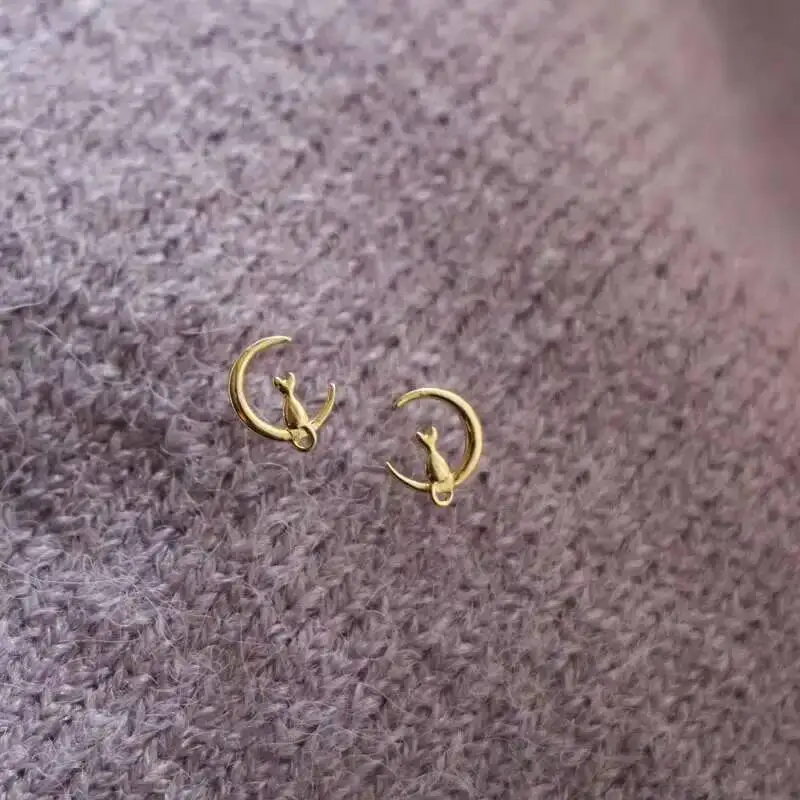 9k Real Solid Gold Unique Cat on the Moon Earring Stud Jewelry, Dainty Minimal Cz Crystal Simple Style, kj102 - Image 3