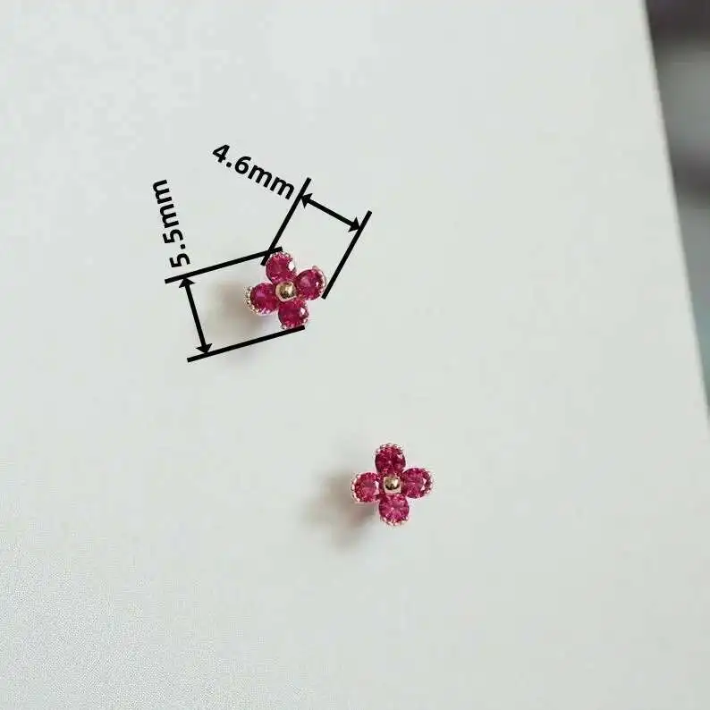 9k Solid Gold Crystal Stud Earrings, Unique Flower, Pink, Cute, Korean Style, Women, Kids, Girls, New Arrival, kj252 - Image 2